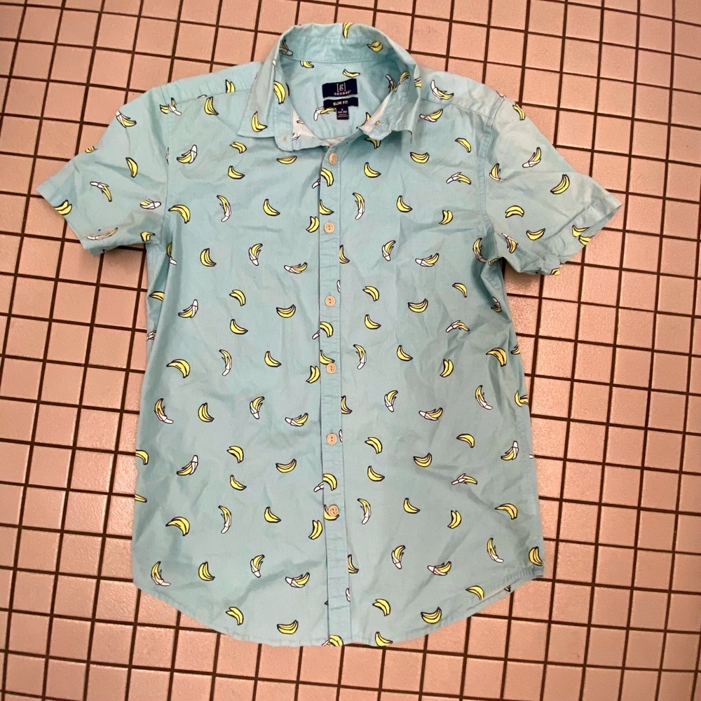 George Banana Print Short Sleeve Button Down Men Small Light Blue Excellent Slim
